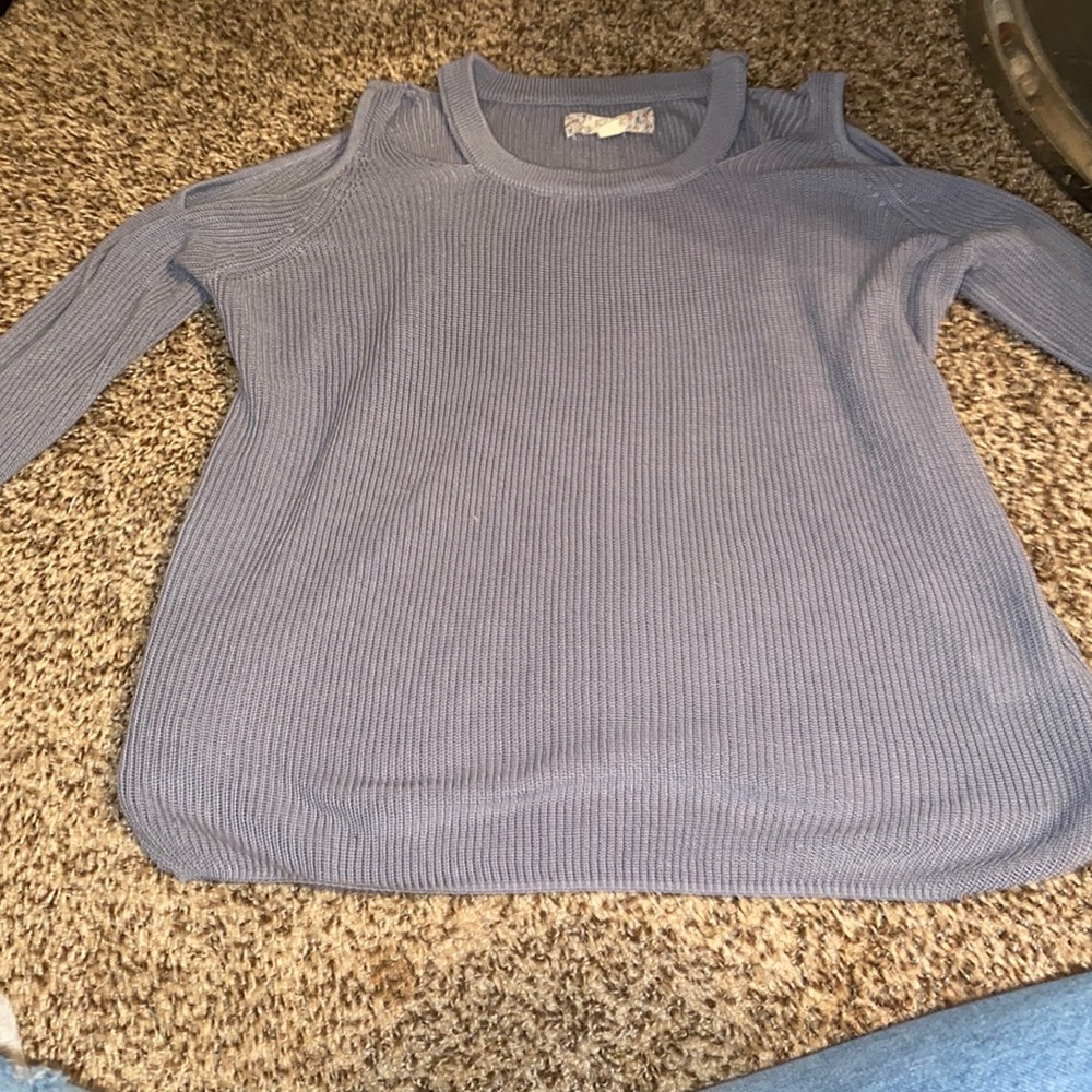 Blue cutout shoulder sweater